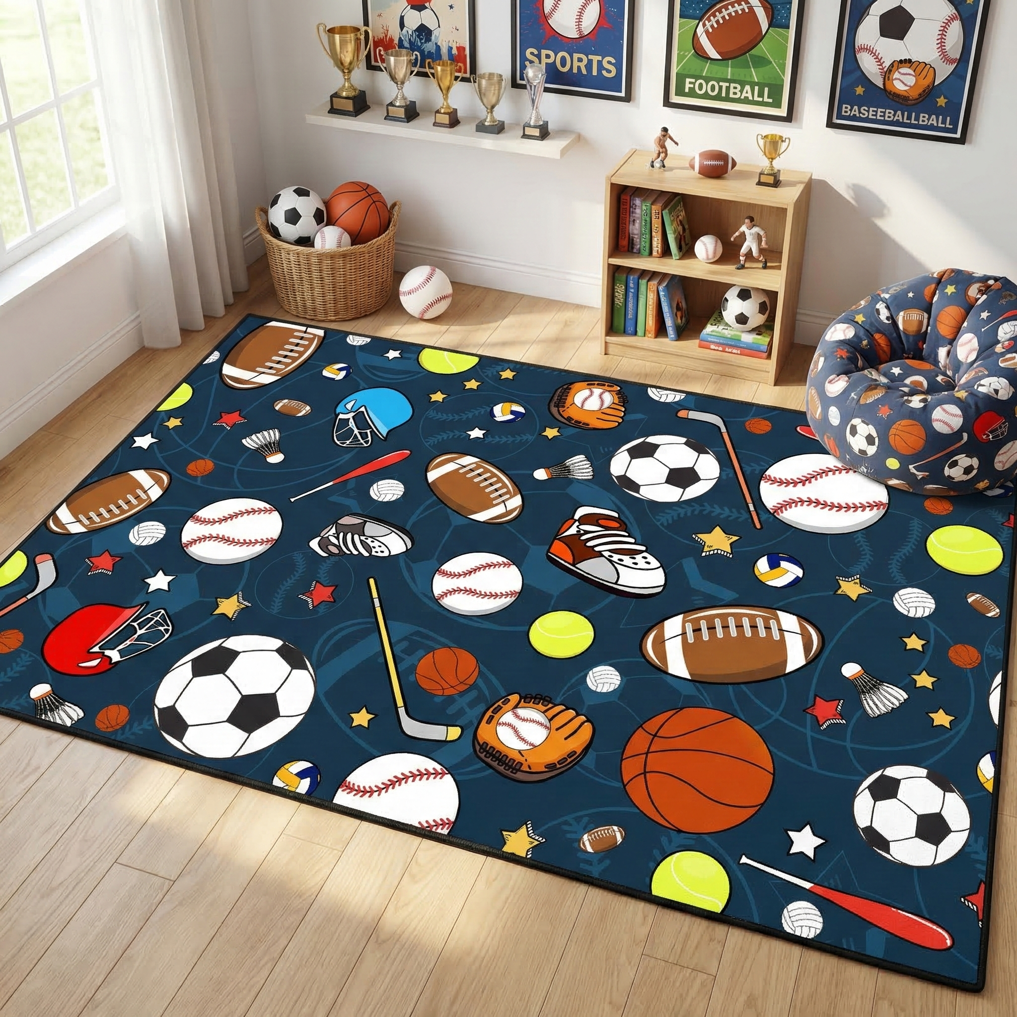 Navy Blue Sports Ball Area Rug for Kids Bedroom | CozyLil
