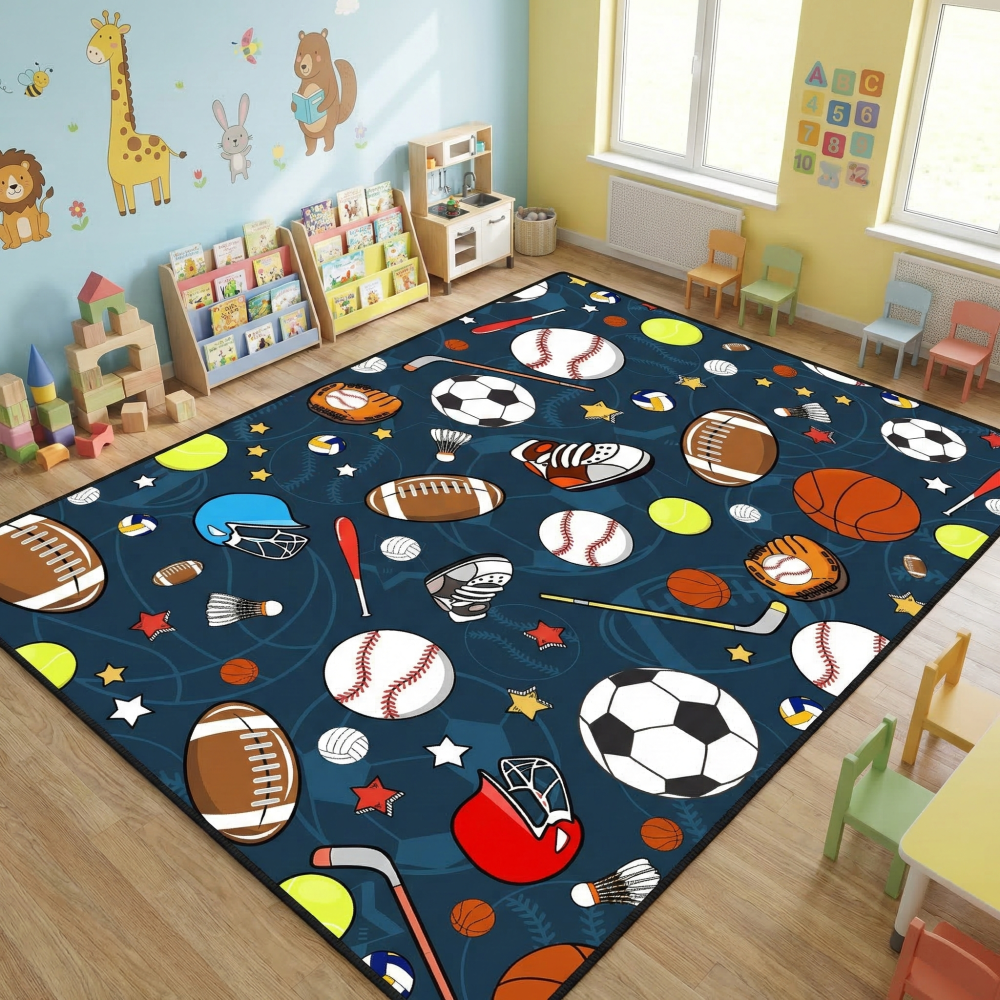 Navy Blue Sports Ball Area Rug for Kids Bedroom | CozyLil
