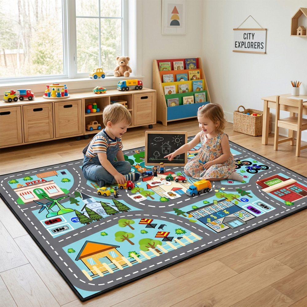 Kids Fun Race Track Traffic Road Playmat Rug | CozyLil