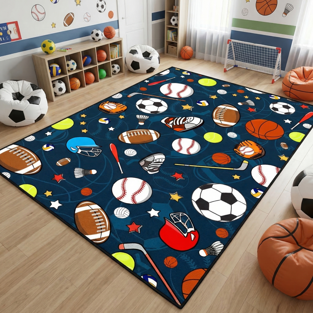 Navy Blue Sports Ball Area Rug for Kids Bedroom | CozyLil
