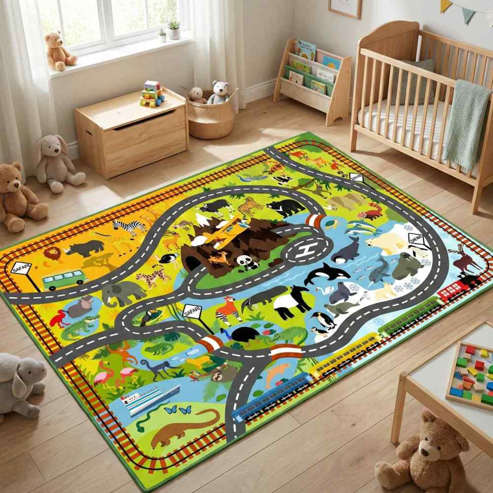 Wild Animal Zoo Road Play Mat & Area Rug | CozyLil