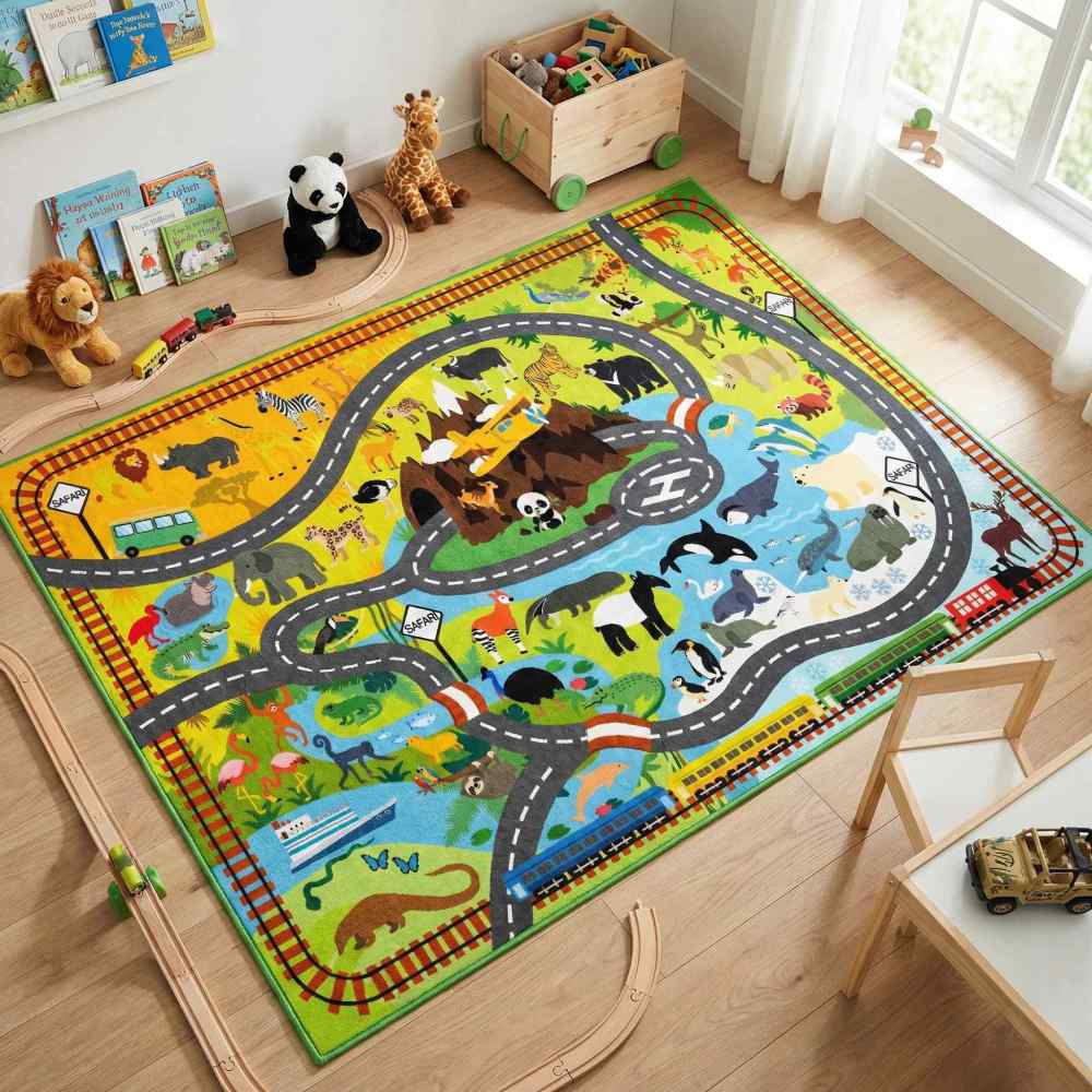Wild Animal Zoo Road Play Mat & Area Rug | CozyLil