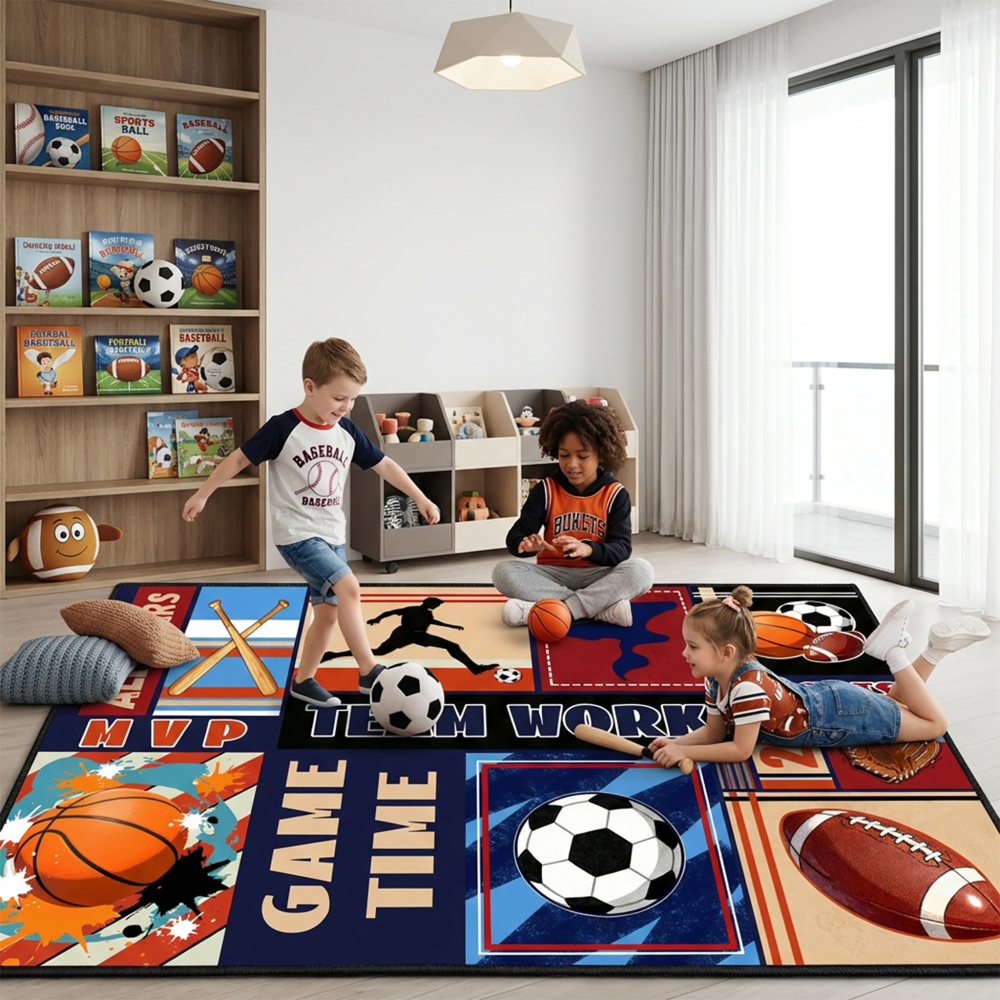 Boys Athletic Sports Theme Area Rug Kids Play Mat | CozyLil