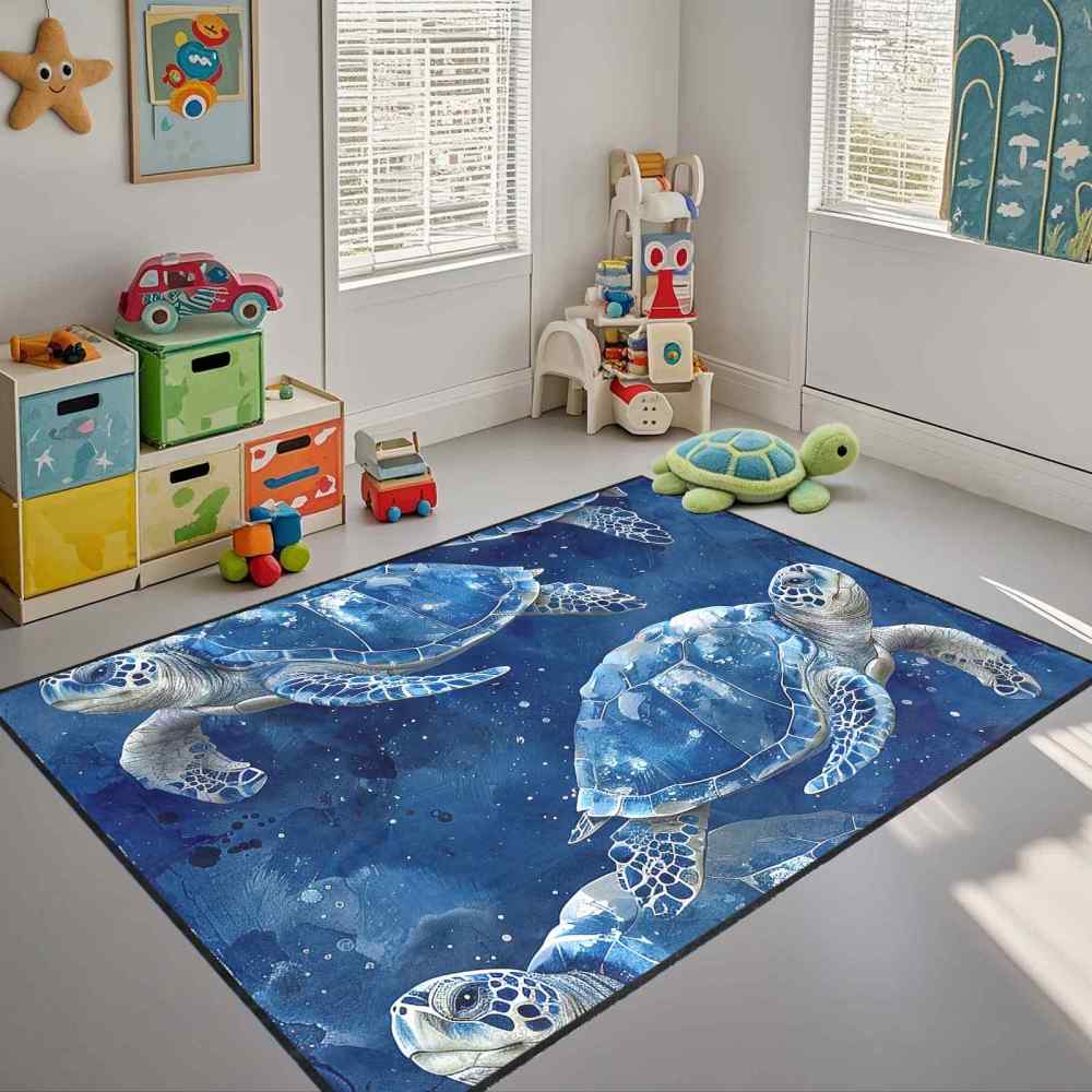 Blue Sea Turtle Ocean Theme Kids Area Rug for Playroom Boys Room | CozyLil