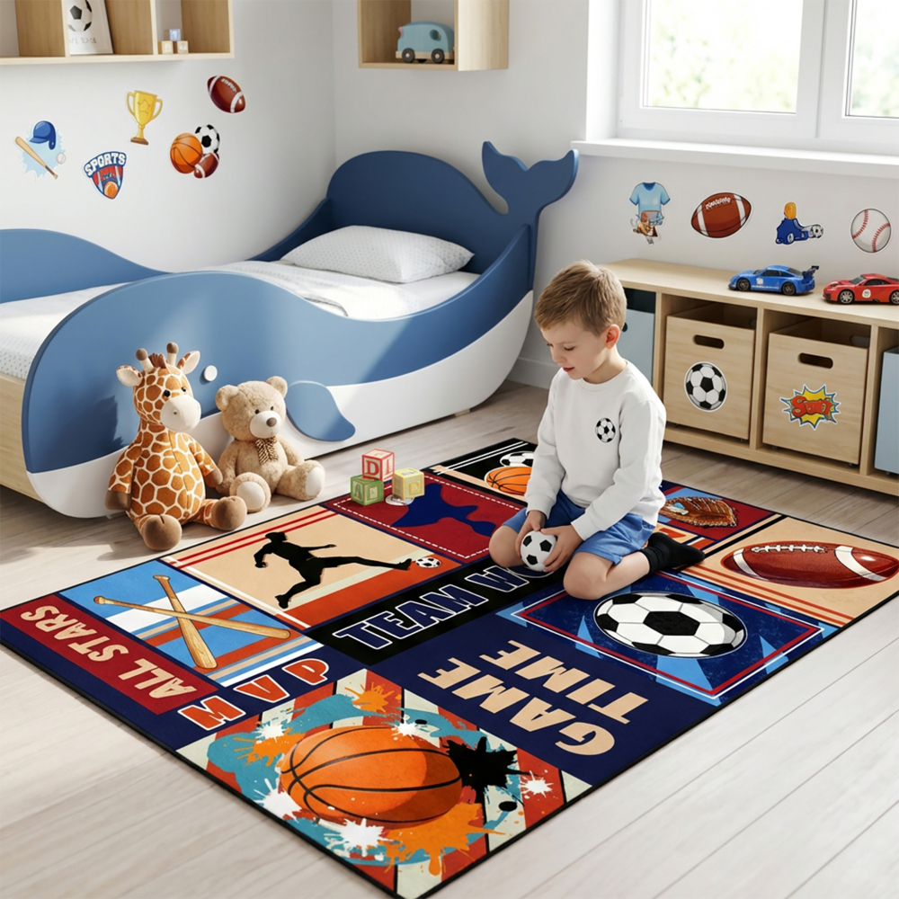 Boys Athletic Sports Theme Area Rug Kids Play Mat | CozyLil