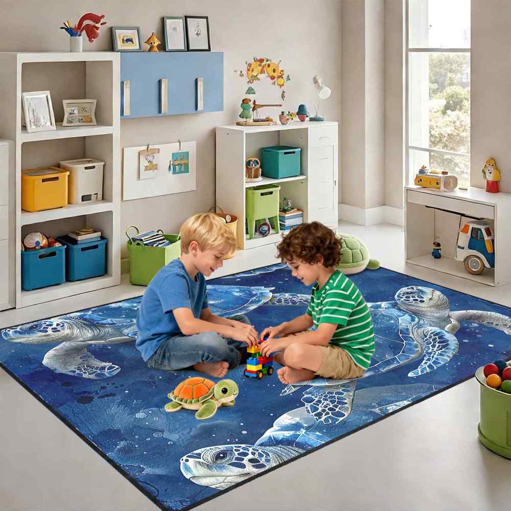 Blue Sea Turtle Ocean Theme Kids Area Rug for Playroom Boys Room | CozyLil