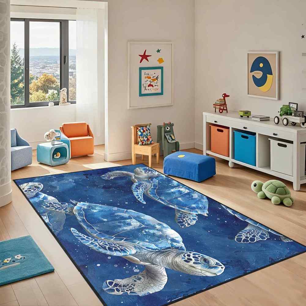 Blue Sea Turtle Ocean Theme Kids Area Rug for Playroom Boys Room | CozyLil