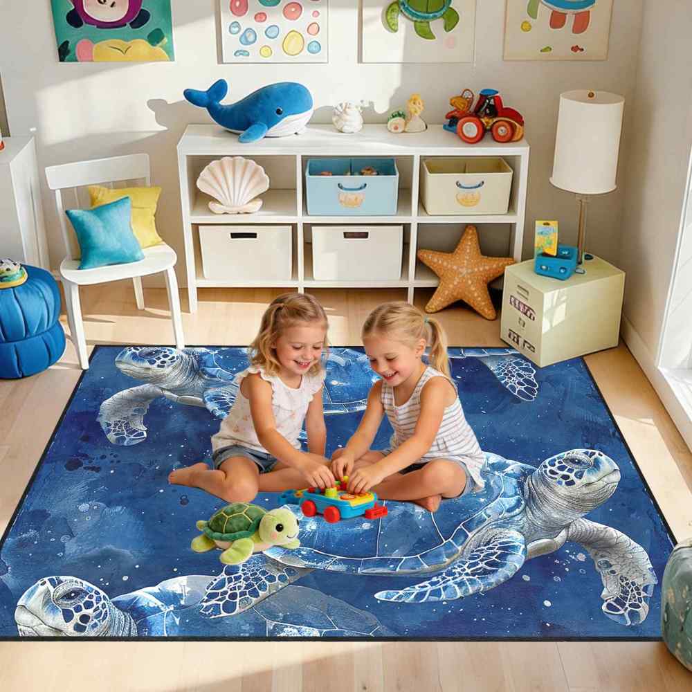Blue Sea Turtle Ocean Theme Kids Area Rug for Playroom Boys Room | CozyLil
