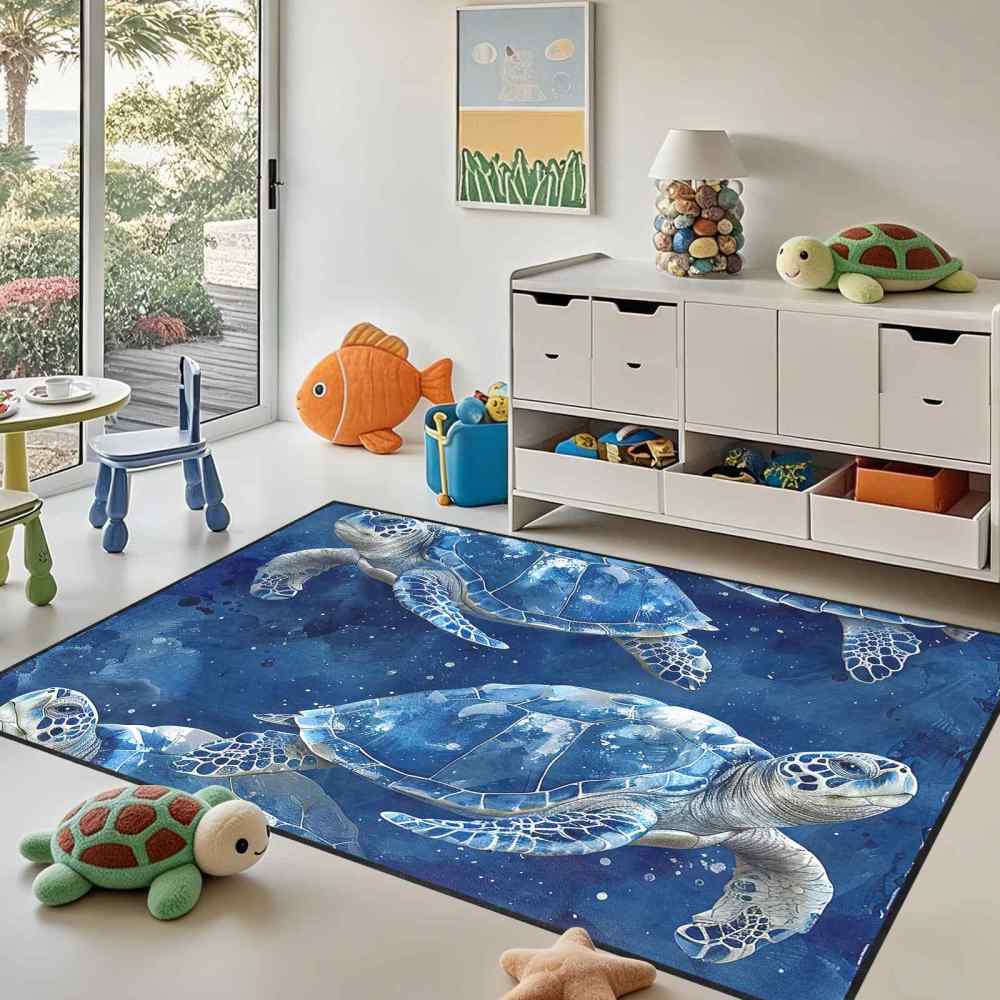 Blue Sea Turtle Ocean Theme Kids Area Rug for Playroom Boys Room | CozyLil