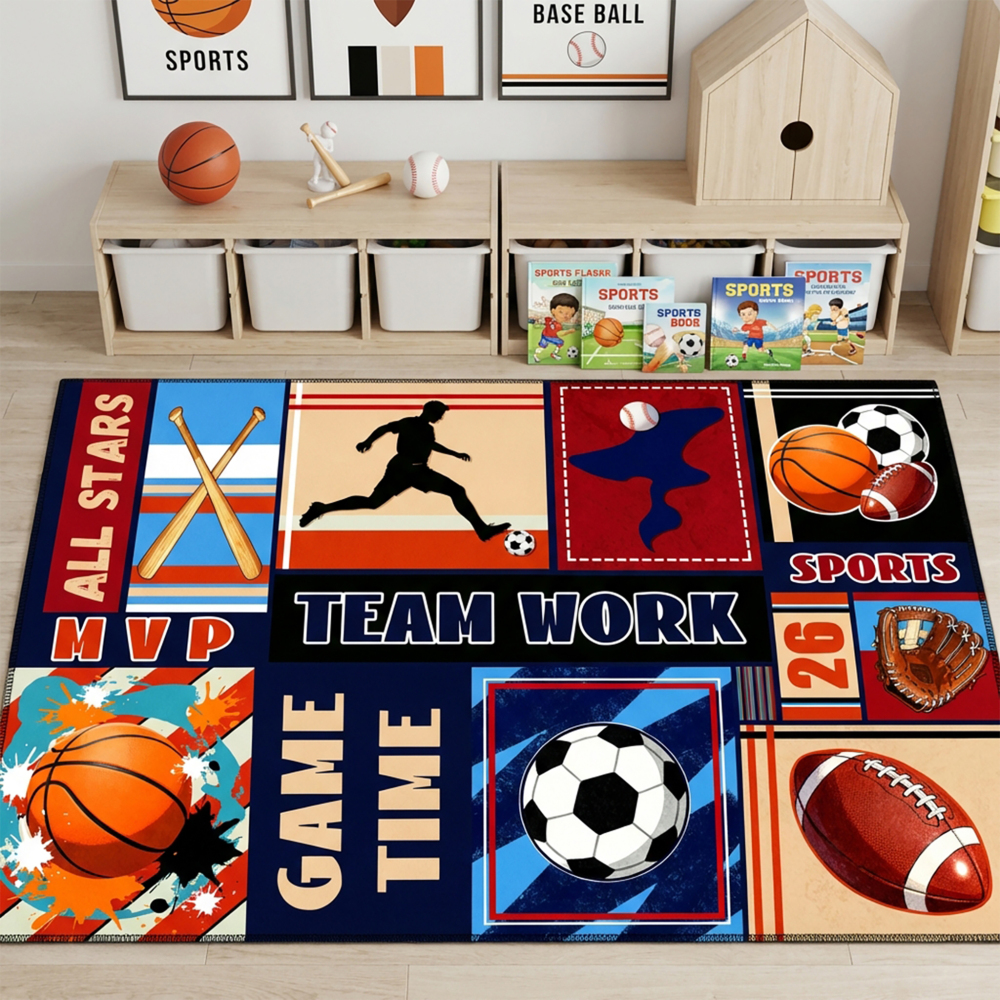 Boys Athletic Sports Theme Area Rug Kids Play Mat | CozyLil
