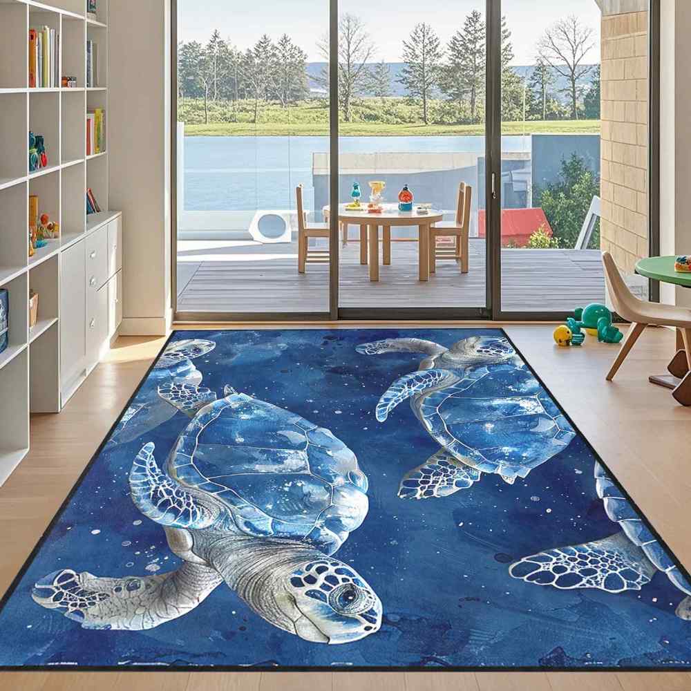 Blue Sea Turtle Ocean Theme Kids Area Rug for Playroom Boys Room | CozyLil
