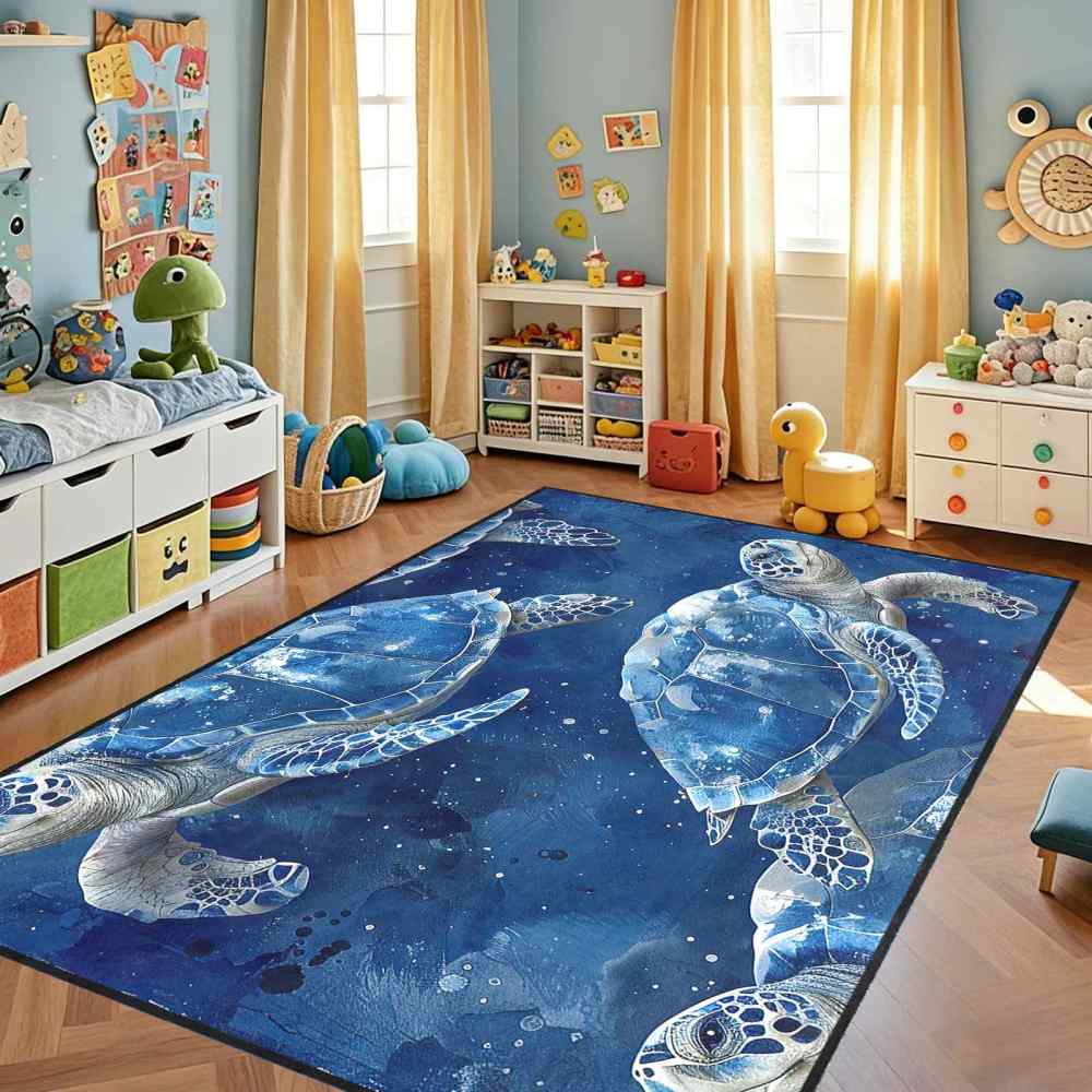 Blue Sea Turtle Ocean Theme Kids Area Rug for Playroom Boys Room | CozyLil