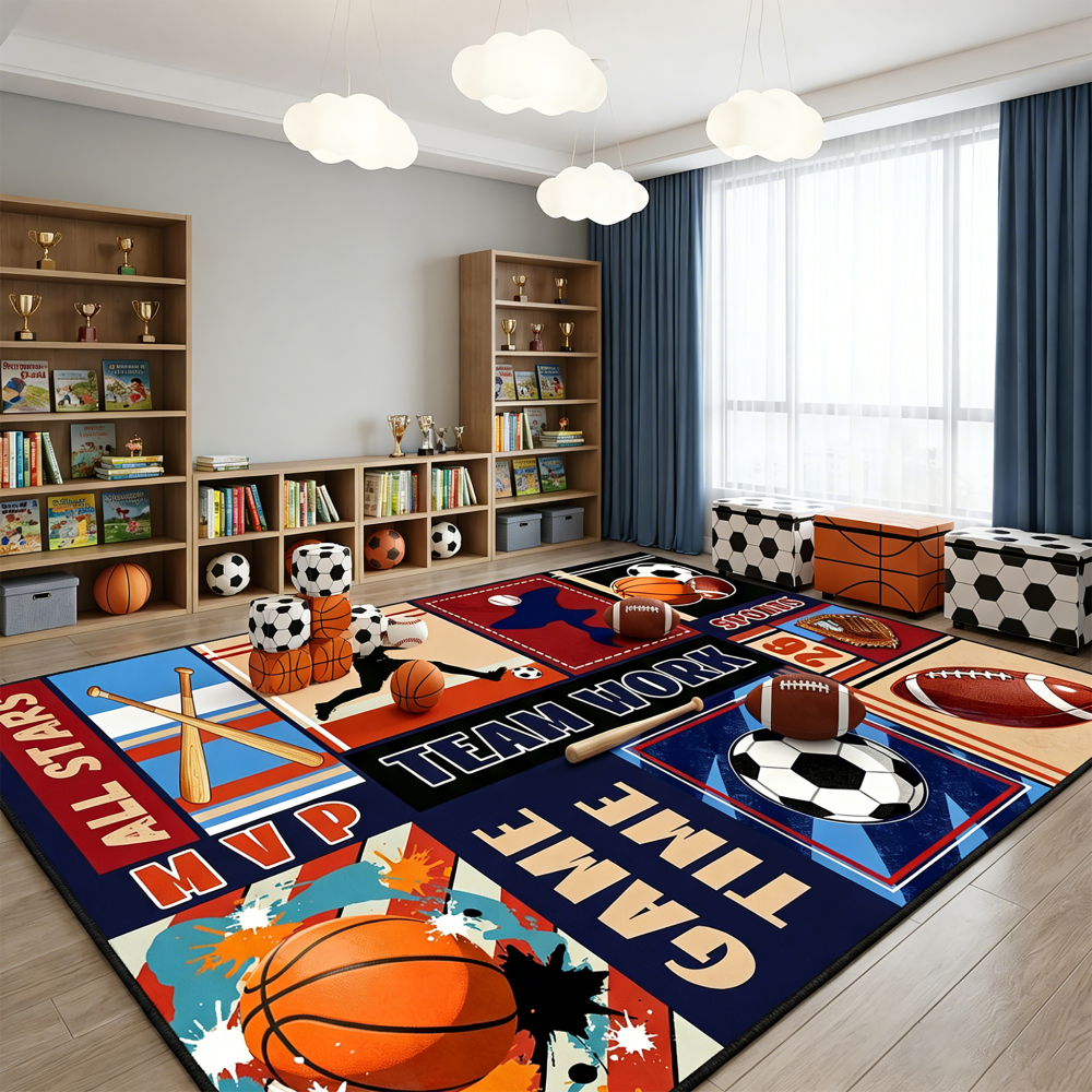 Boys Athletic Sports Theme Area Rug Kids Play Mat | CozyLil