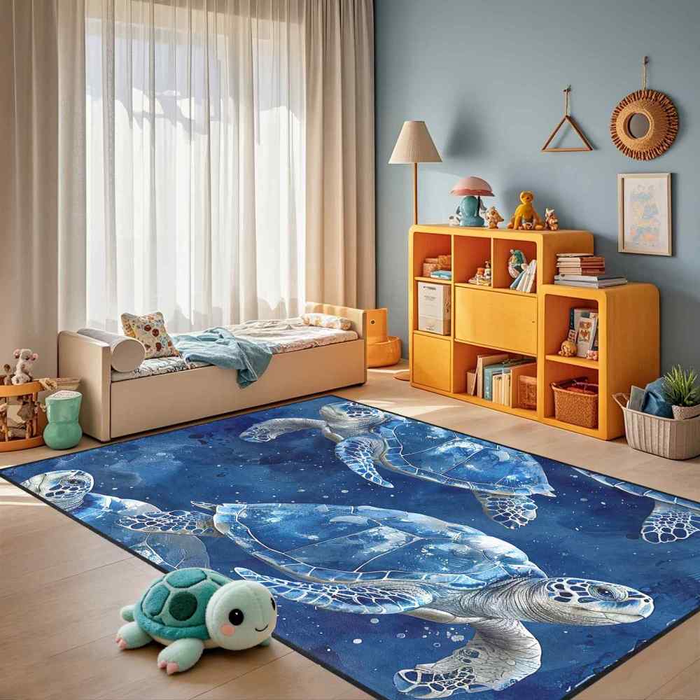 Blue Sea Turtle Ocean Theme Kids Area Rug for Playroom Boys Room | CozyLil