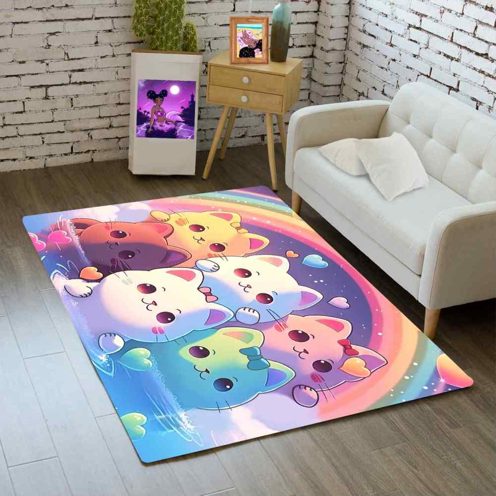 Rainbow Cute Cartoon Cat Girls Bedroom Nursery Kids Rug Play Mat | CozyLil