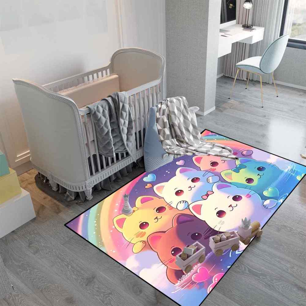 Rainbow Cute Cartoon Cat Girls Bedroom Nursery Kids Rug Play Mat | CozyLil