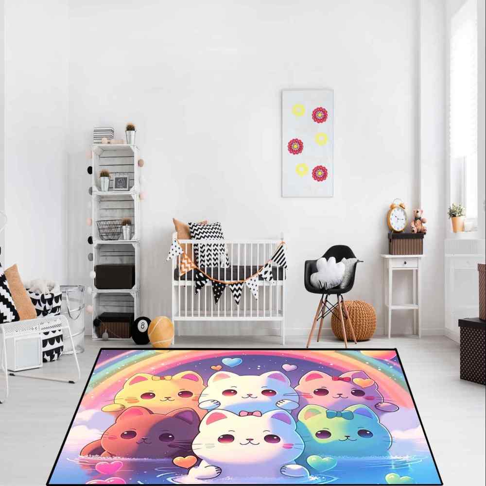 Rainbow Cute Cartoon Cat Girls Bedroom Nursery Kids Rug Play Mat | CozyLil