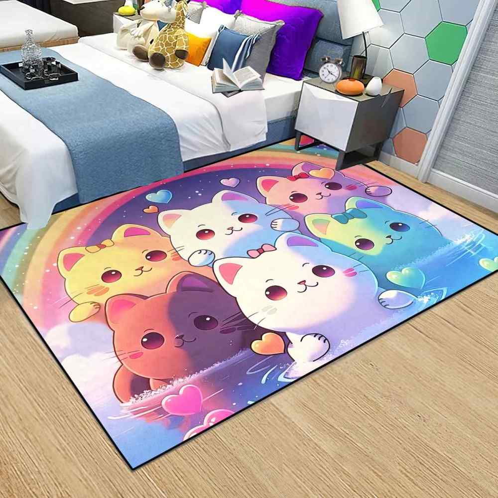 Rainbow Cute Cartoon Cat Girls Bedroom Nursery Kids Rug Play Mat | CozyLil