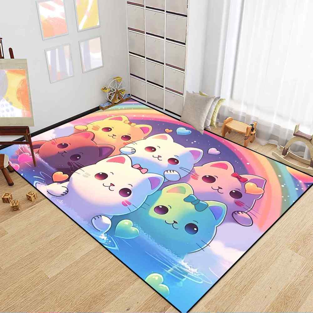 Rainbow Cute Cartoon Cat Girls Bedroom Nursery Kids Rug Play Mat | CozyLil