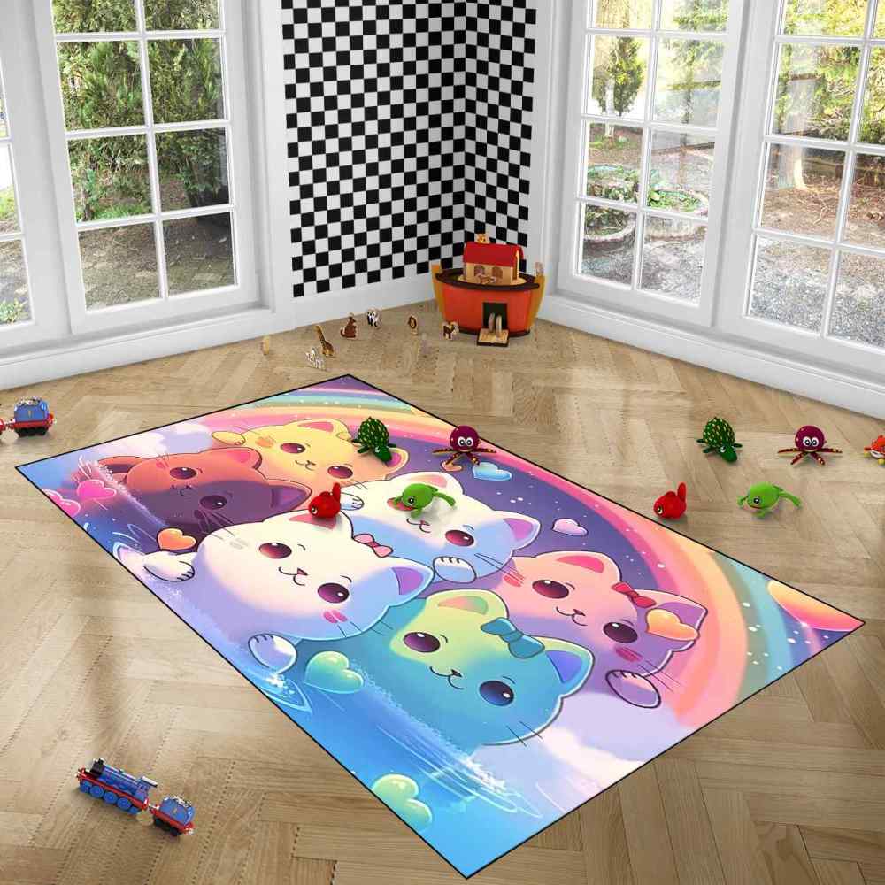 Rainbow Cute Cartoon Cat Girls Bedroom Nursery Kids Rug Play Mat | CozyLil