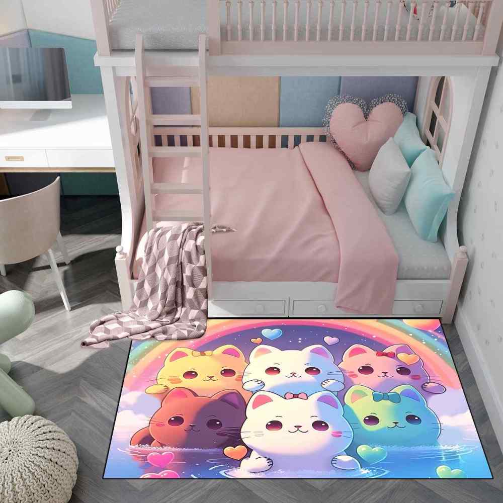 Rainbow Cute Cartoon Cat Girls Bedroom Nursery Kids Rug Play Mat | CozyLil
