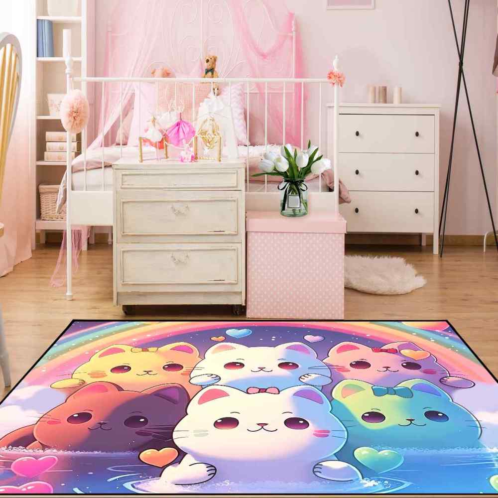 Rainbow Cute Cartoon Cat Girls Bedroom Nursery Kids Rug Play Mat | CozyLil