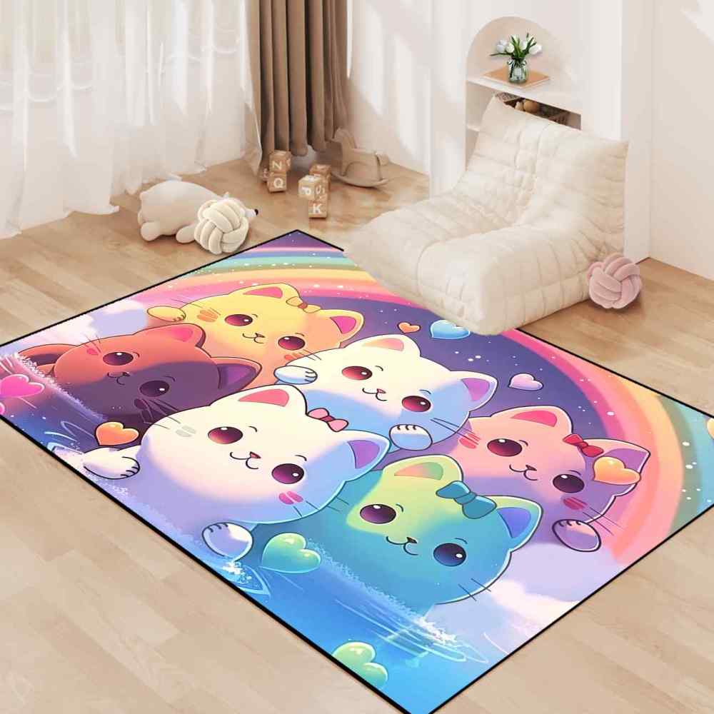 Rainbow Cute Cartoon Cat Girls Bedroom Nursery Kids Rug Play Mat | CozyLil