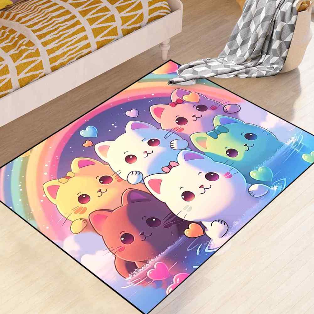 Rainbow Cute Cartoon Cat Girls Bedroom Nursery Kids Rug Play Mat | CozyLil