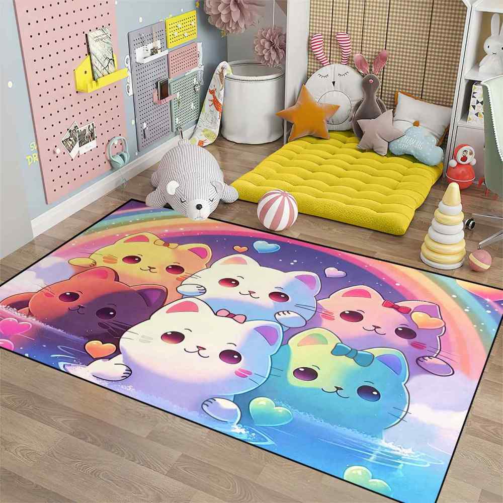 Rainbow Cute Cartoon Cat Girls Bedroom Nursery Kids Rug Play Mat | CozyLil