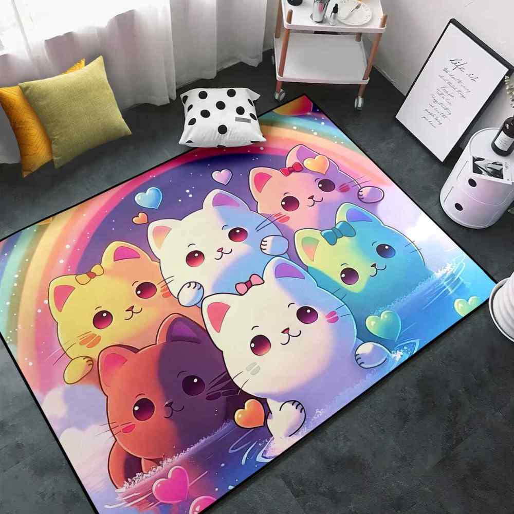 Rainbow Cute Cartoon Cat Girls Bedroom Nursery Kids Rug Play Mat | CozyLil
