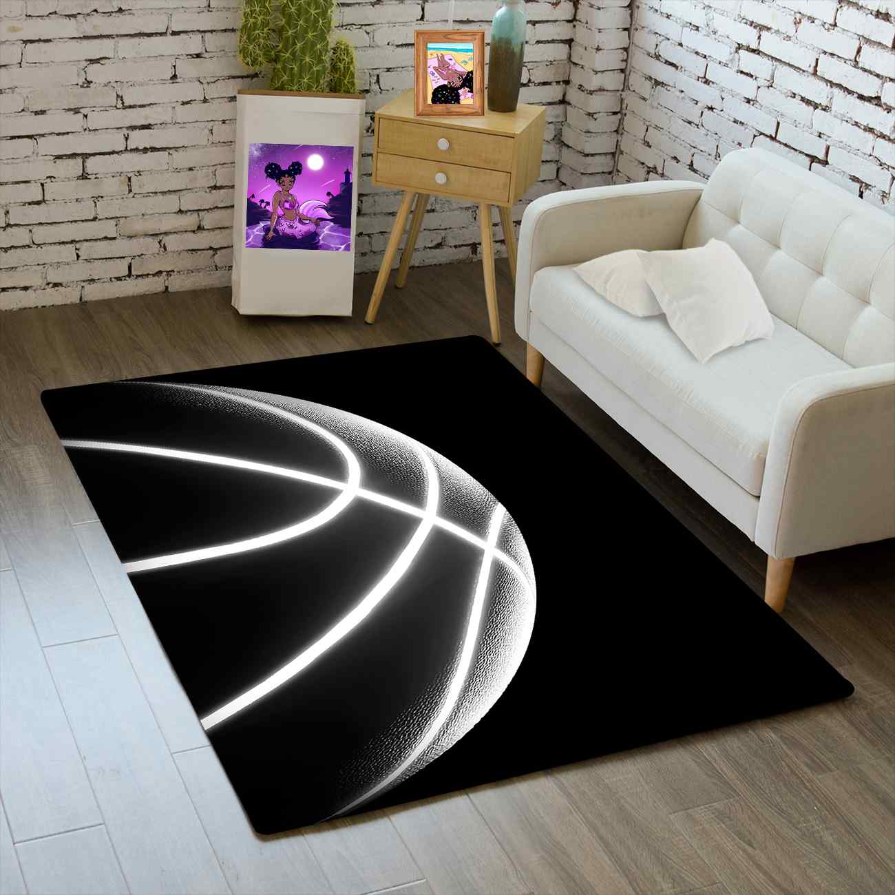 Black Printed Basketball Kids Area Rug for Boys Playroom | CozyLil
