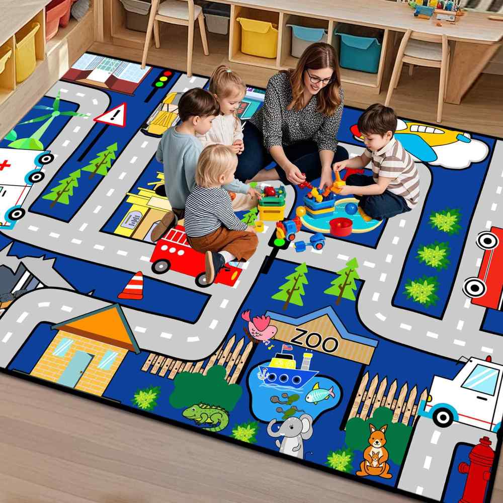 Blue City Traffic Road Map Zoo Kids Play Mat for Boys Room Playroom | CozyLil