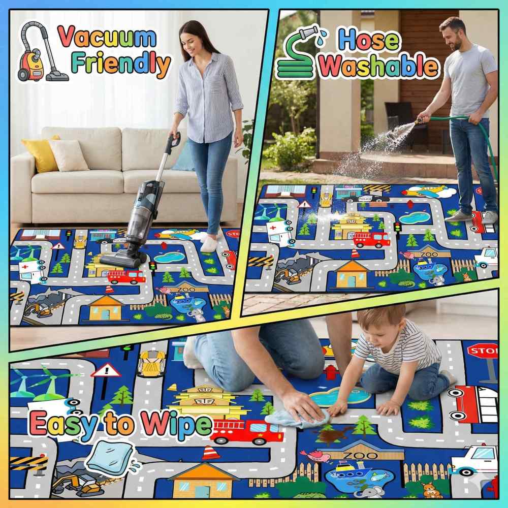 Blue City Traffic Road Map Zoo Kids Play Mat for Boys Room Playroom | CozyLil