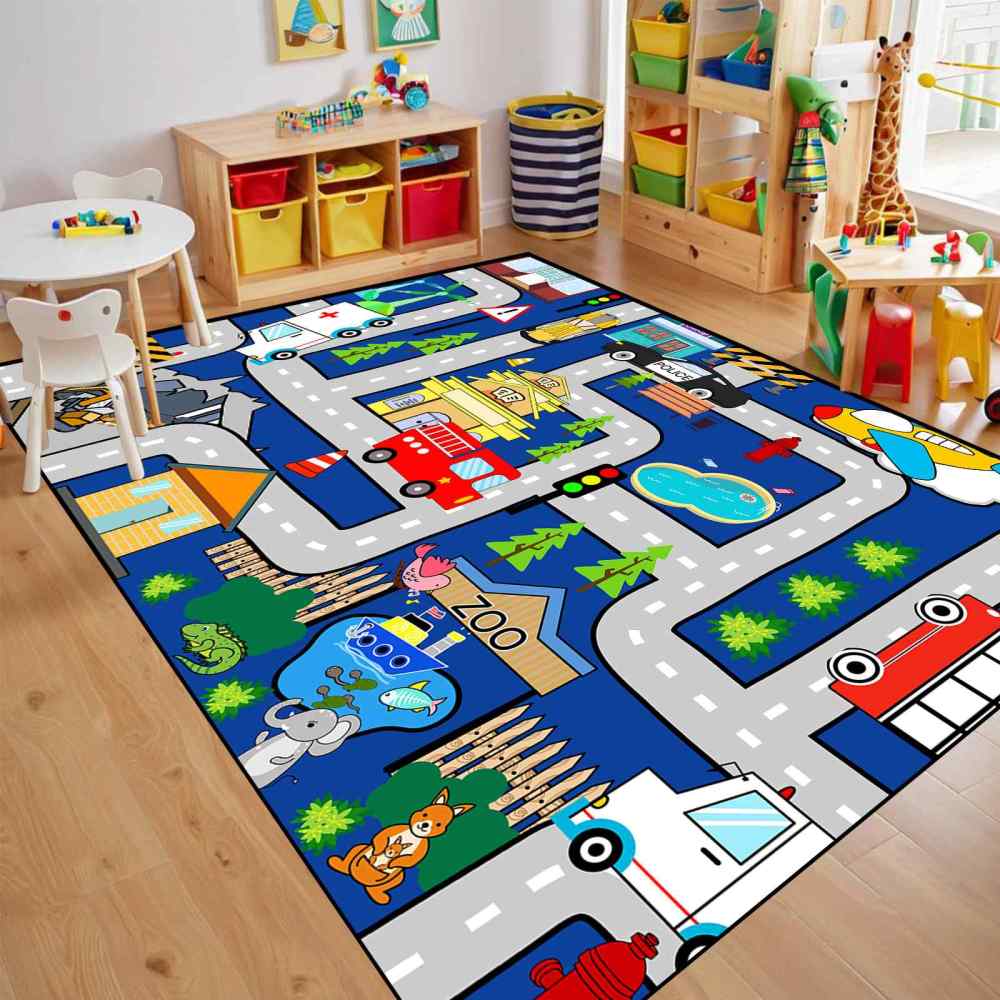 Blue City Traffic Road Map Zoo Kids Play Mat for Boys Room Playroom | CozyLil