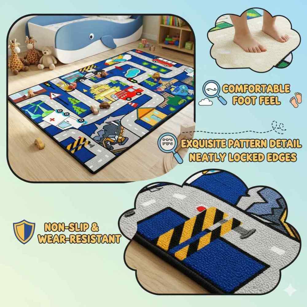 Blue City Traffic Road Map Zoo Kids Play Mat for Boys Room Playroom | CozyLil