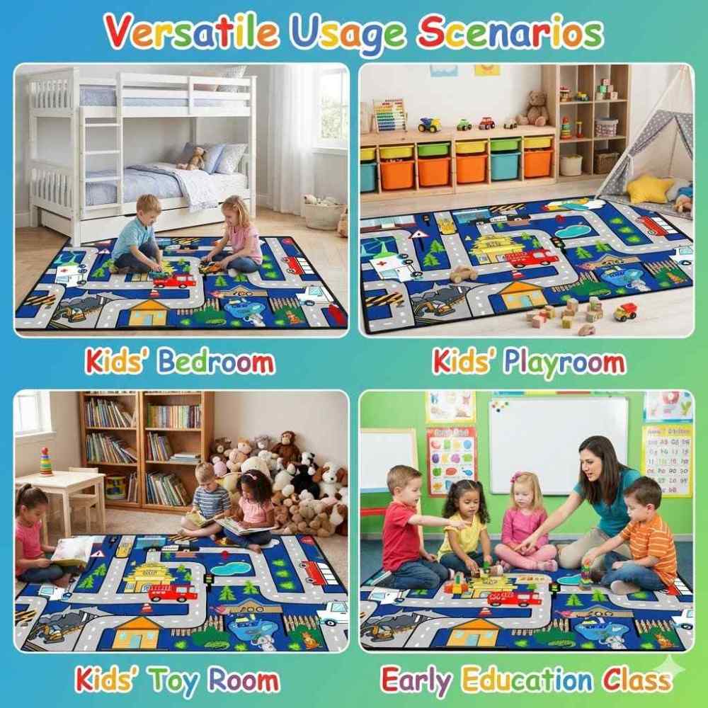 Blue City Traffic Road Map Zoo Kids Play Mat for Boys Room Playroom | CozyLil