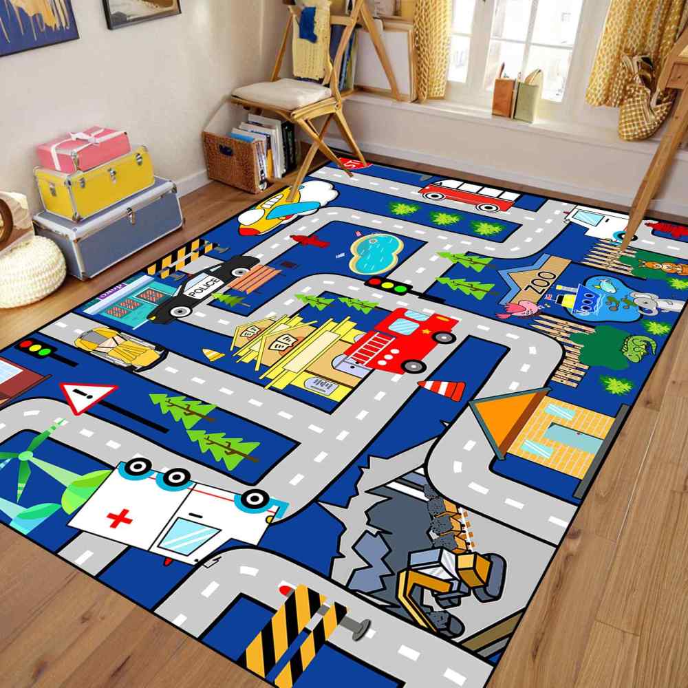 Blue City Traffic Road Map Zoo Kids Play Mat for Boys Room Playroom | CozyLil