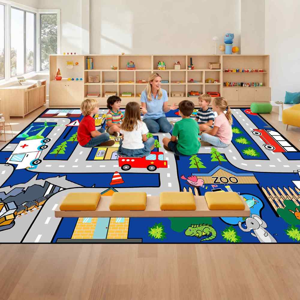 Blue City Traffic Road Map Zoo Kids Play Mat for Boys Room Playroom | CozyLil