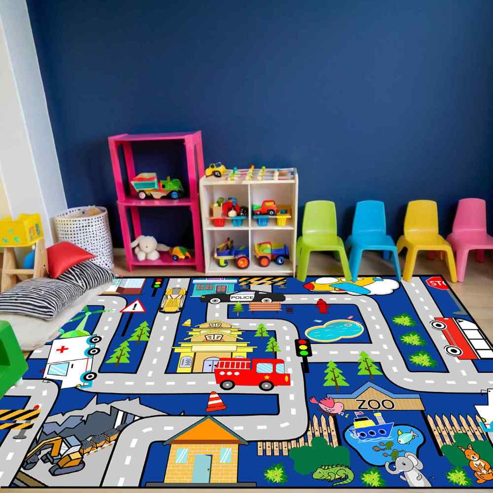 Blue City Traffic Road Map Zoo Kids Play Mat for Boys Room Playroom | CozyLil