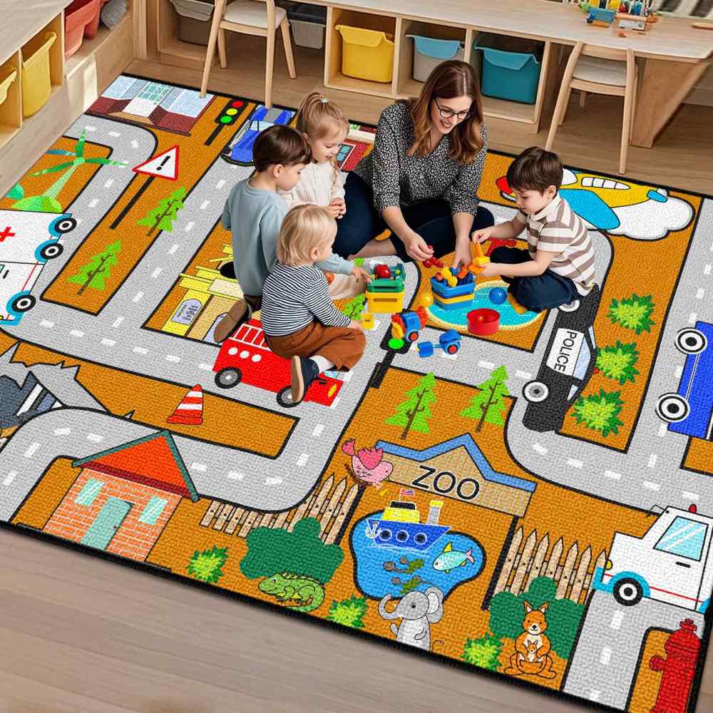 Orange City Traffic Rescue Vehicles Kids Play Mat for Boys Playroom | CozyLil