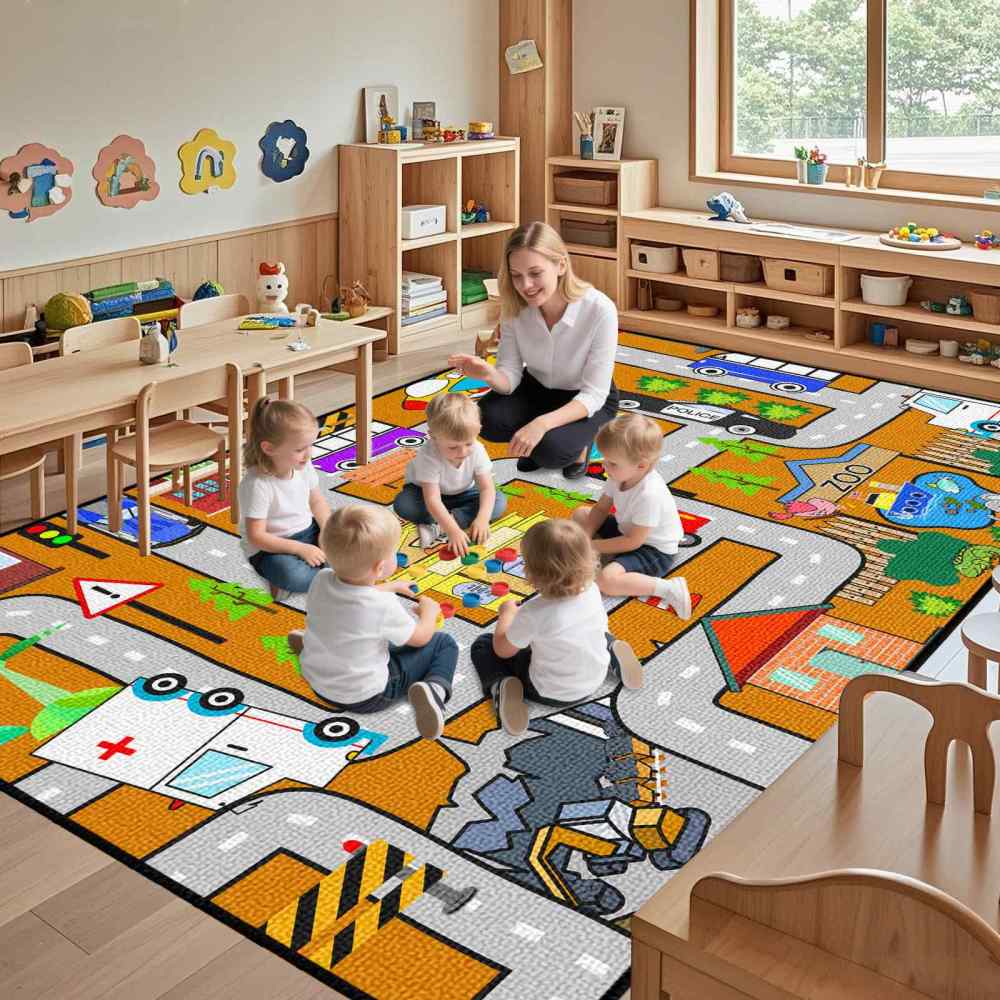 Orange City Traffic Rescue Vehicles Kids Play Mat for Boys Playroom | CozyLil