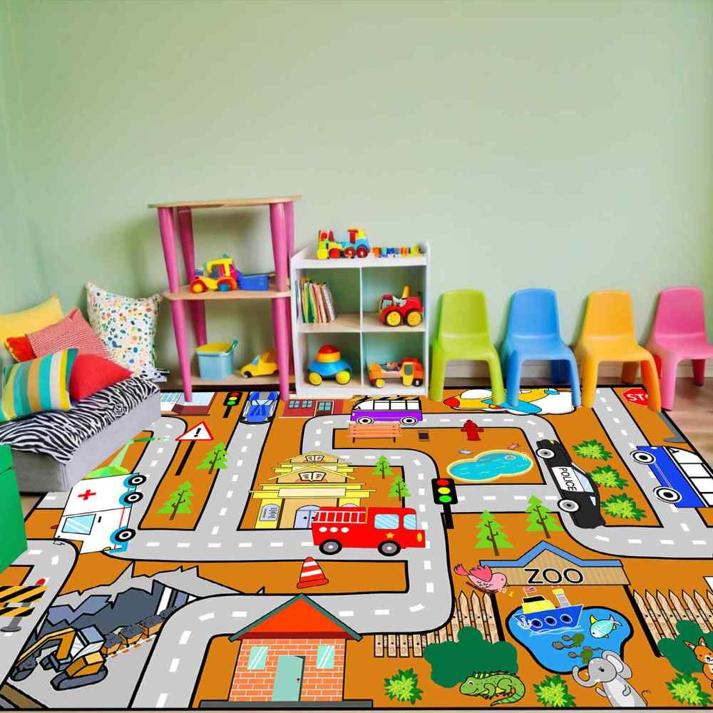 Orange City Traffic Rescue Vehicles Kids Play Mat for Boys Playroom | CozyLil