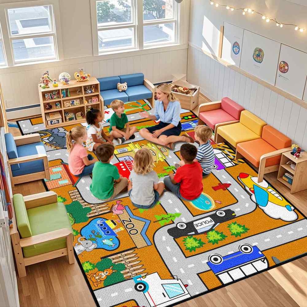 Orange City Traffic Rescue Vehicles Kids Play Mat for Boys Playroom | CozyLil