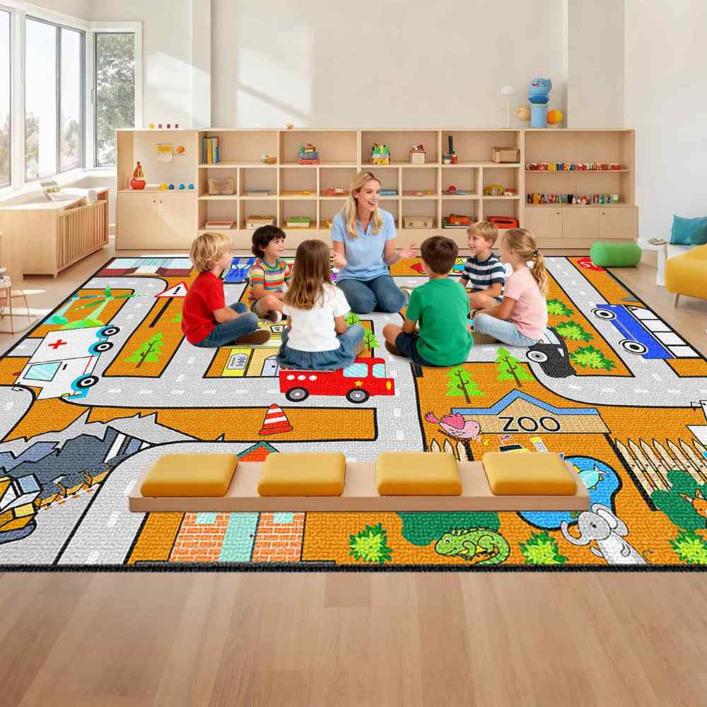 Orange City Traffic Rescue Vehicles Kids Play Mat for Boys Playroom | CozyLil