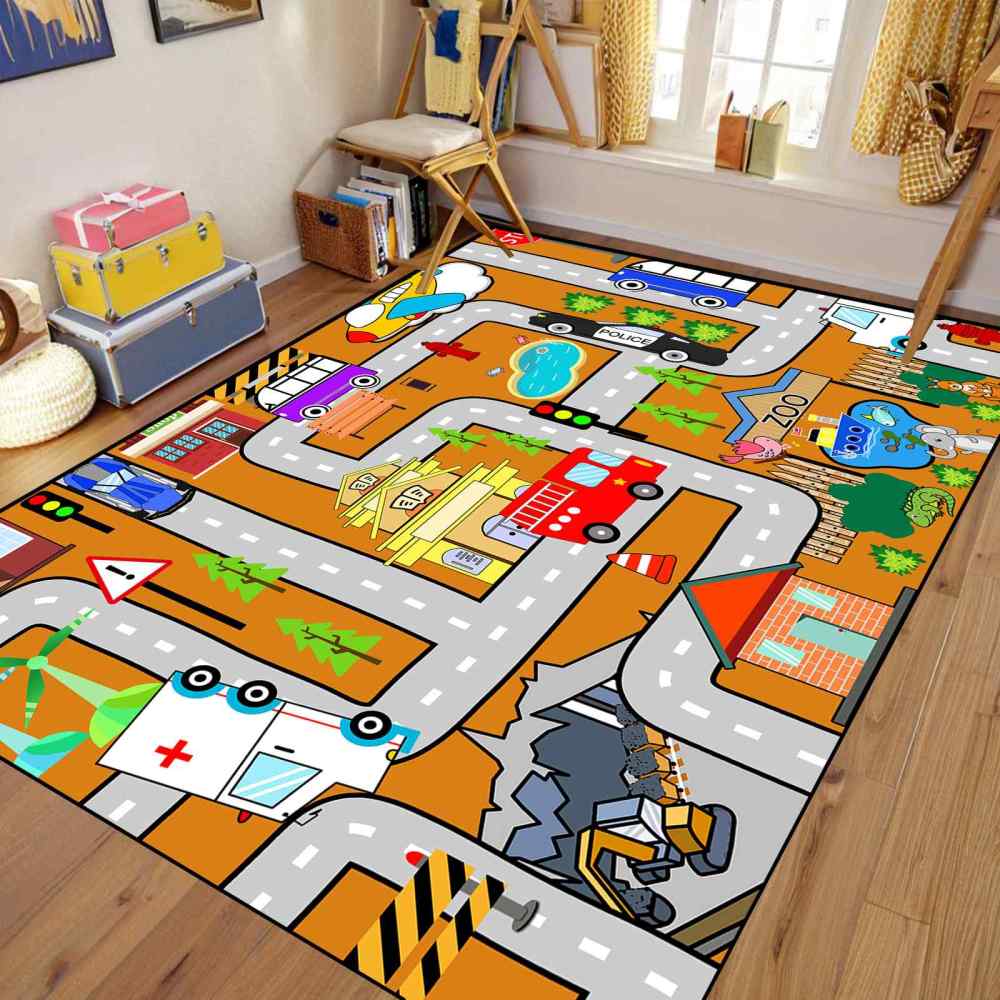 Orange City Traffic Rescue Vehicles Kids Play Mat for Boys Playroom | CozyLil
