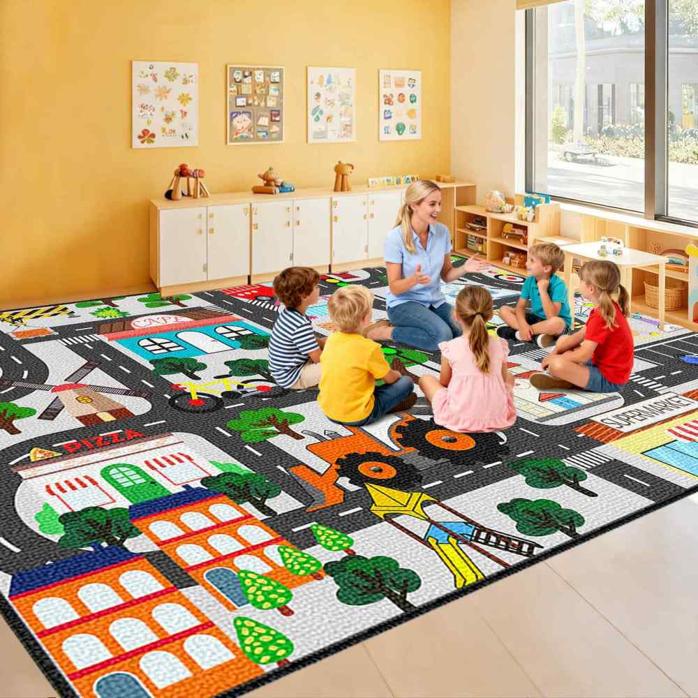 Grey Town Supermarket Farm Road Kids Play Mat for Toddler Room | CozyLil