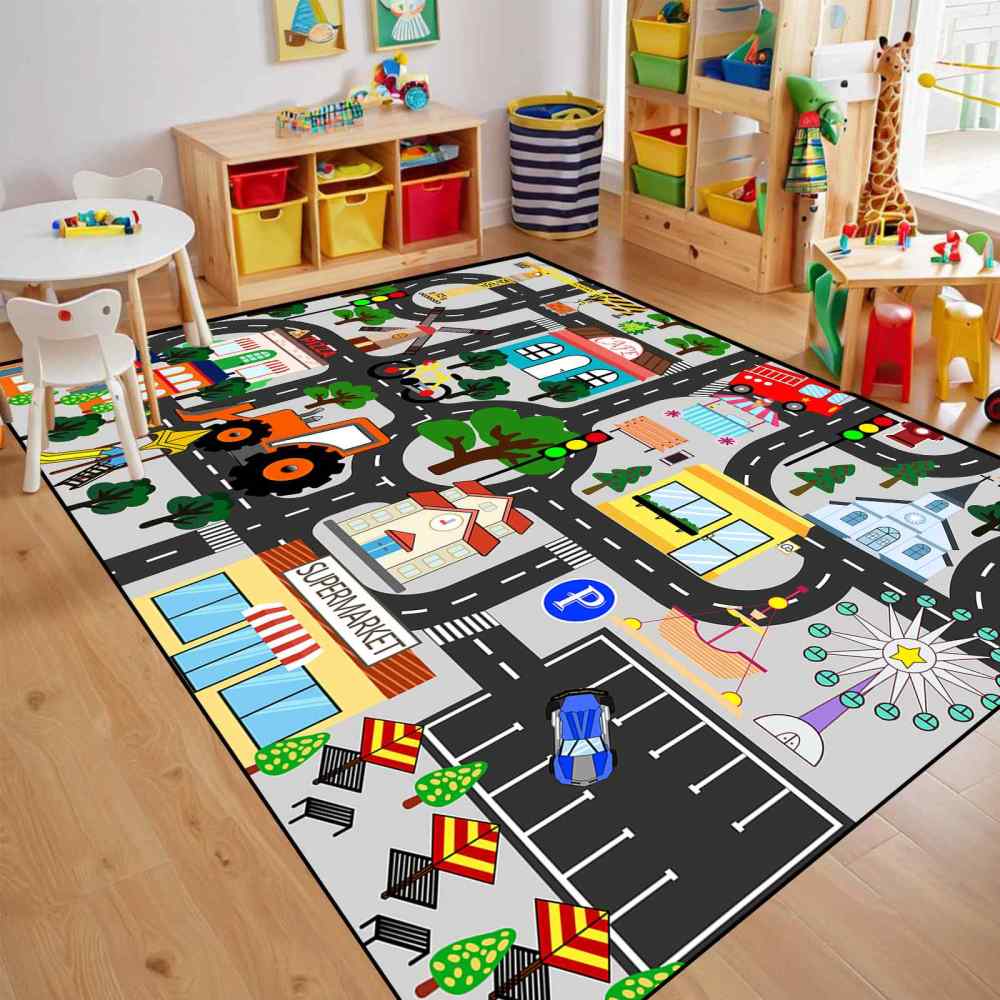 Grey Town Supermarket Farm Road Kids Play Mat for Toddler Room | CozyLil