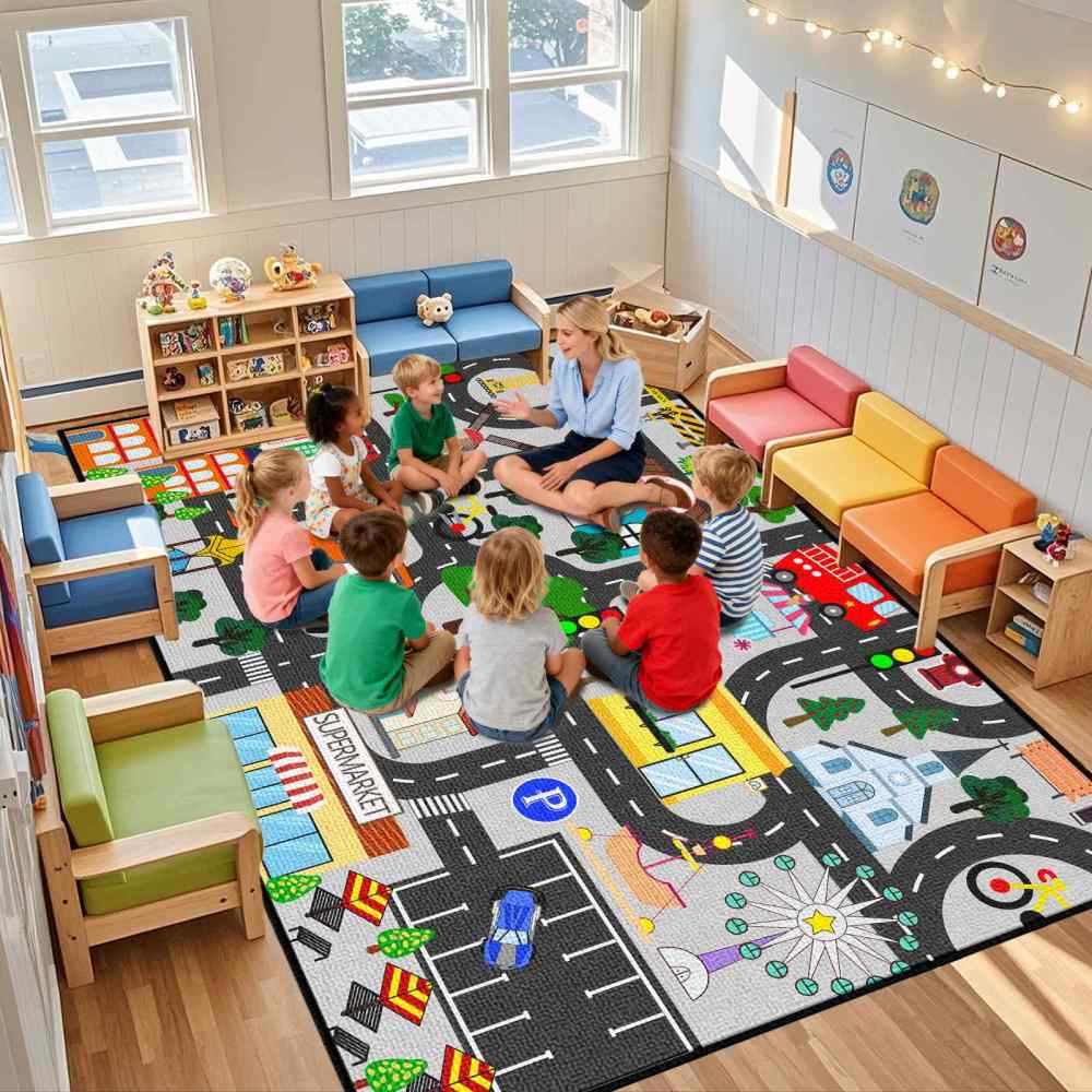 Grey Town Supermarket Farm Road Kids Play Mat for Toddler Room | CozyLil