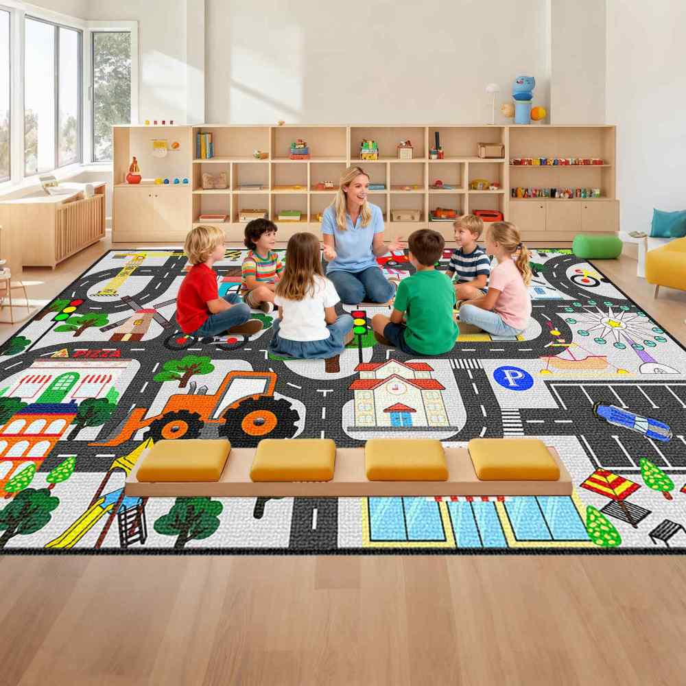 Grey Town Supermarket Farm Road Kids Play Mat for Toddler Room | CozyLil