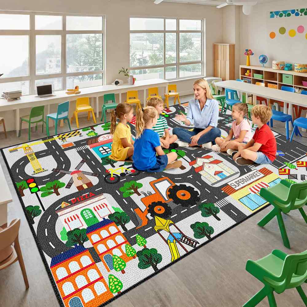 Grey Town Supermarket Farm Road Kids Play Mat for Toddler Room | CozyLil
